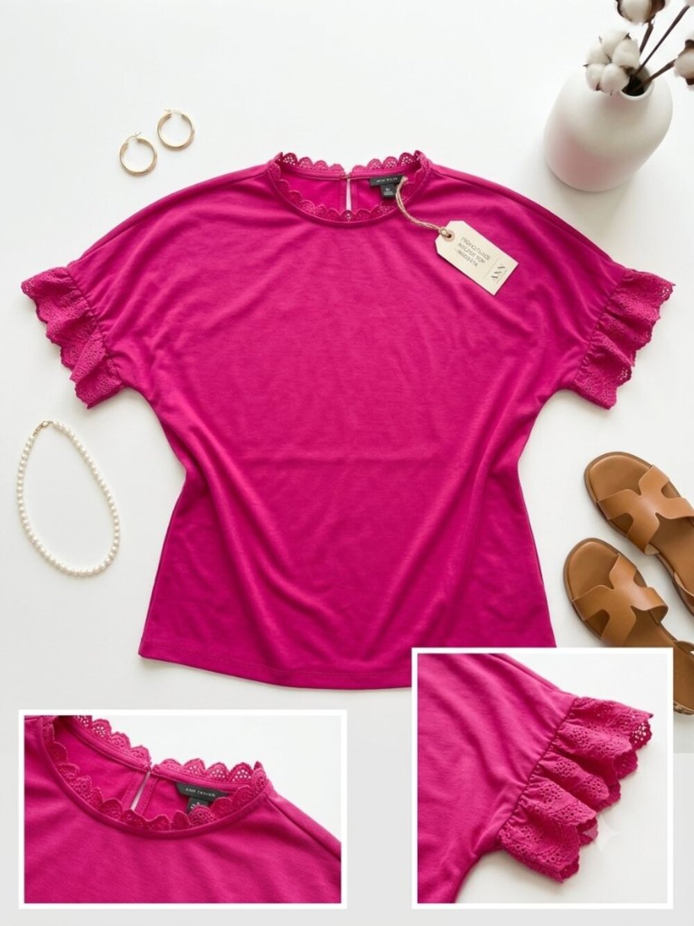 Ann Taylor Eyelet Lace Trim Flutter Sleeve Blouse in Magenta Pink - Size M